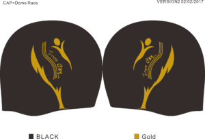 A black bullet-dome race swimming cap, with a gold logo for Truro City Swimiming Club