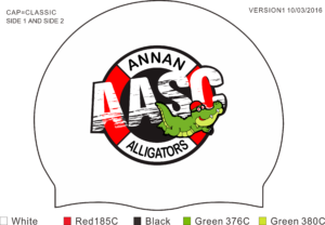 A white cap mock up with the words Annan Alligators written in the white parts of a life saving ring. Swimming across it is a little green alligator. The letters AASC are also across the centre.