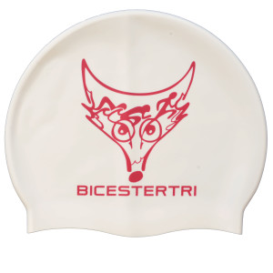 photo of a white swim cap with a fox head in red featuring swim, bike run images in red