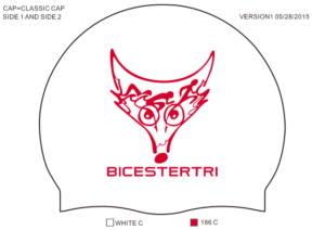 A mock up of the Bicester Triathlon Silicone swimming cap, a white cap with a red fox face incorporating a cyclist for the eyes, swimmer and runner for the ears.